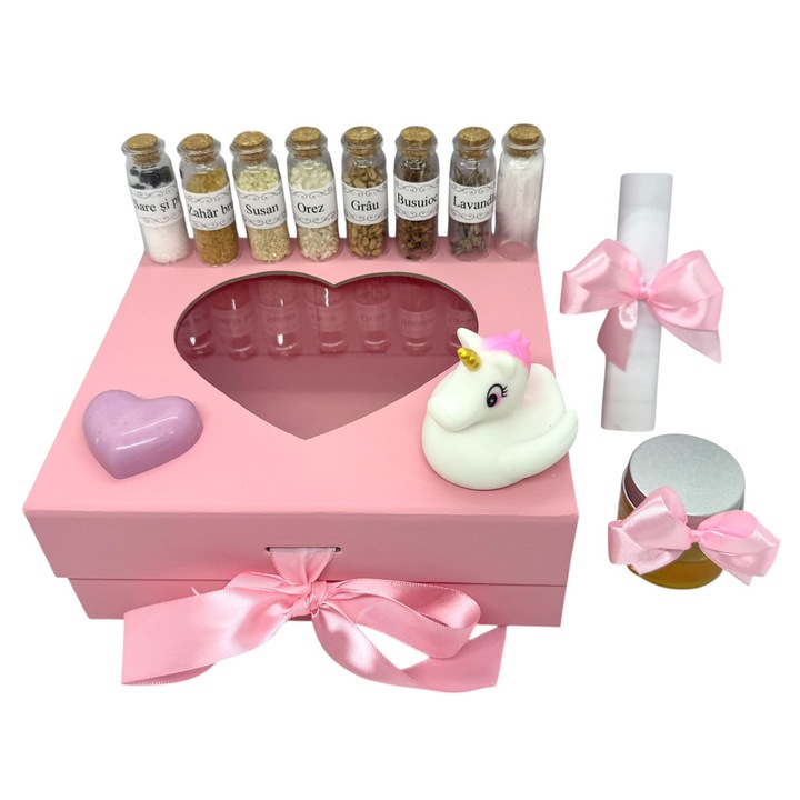 Set mirodenii pentru prima baita cu nasii, cutie capac transparent inima