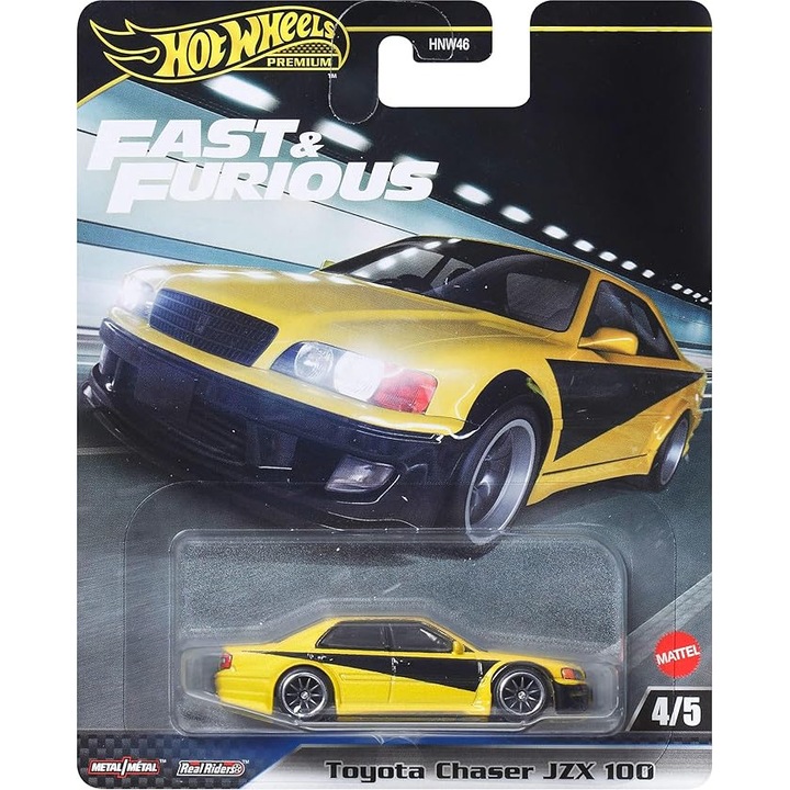 Fém kisautó Hot Wheels Premium, Fast & Furious, 1998 Toyota Chaser JZX100, 1:64, JBL89, Sárga