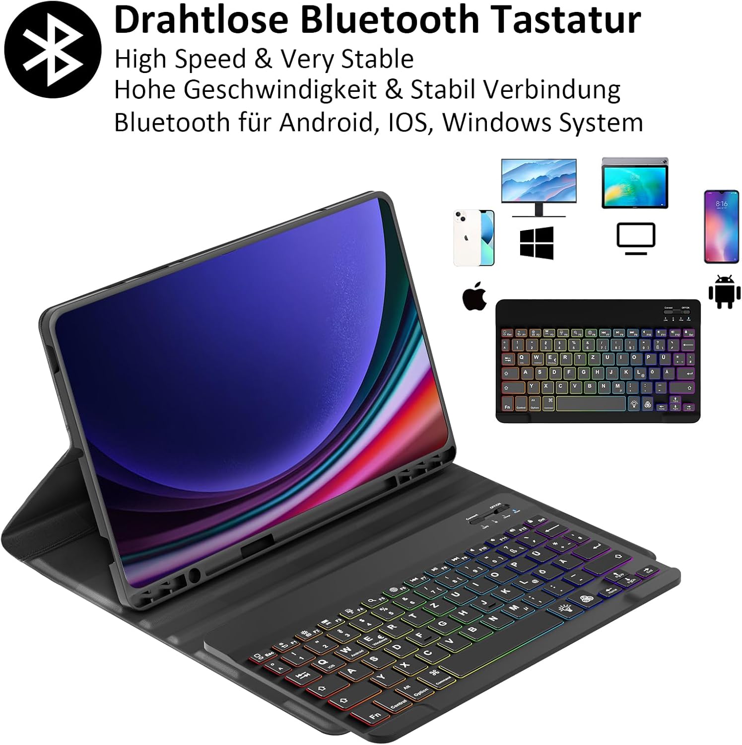 Husa cu tastatura Bluetooth QWERTZ pentru Samsung Galaxy Tab S9 FE 10.9” / Tab S9 11” (2023) – Tastatura iluminata RGB, detasabila magnetic, husa din piele PU, Neagra