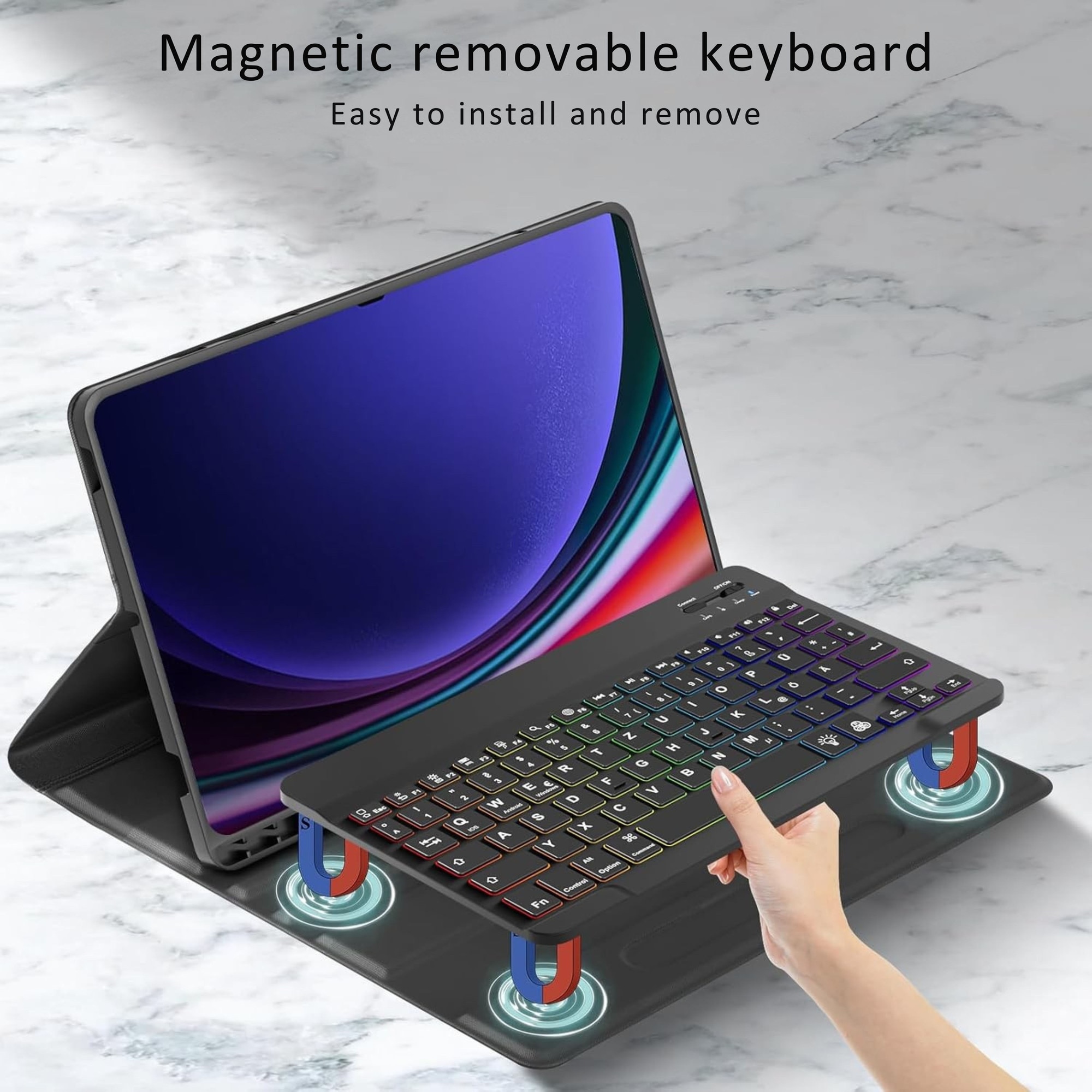 Husa cu tastatura Bluetooth QWERTZ pentru Samsung Galaxy Tab S9 FE 10.9” / Tab S9 11” (2023) – Tastatura iluminata RGB, detasabila magnetic, husa din piele PU, Neagra