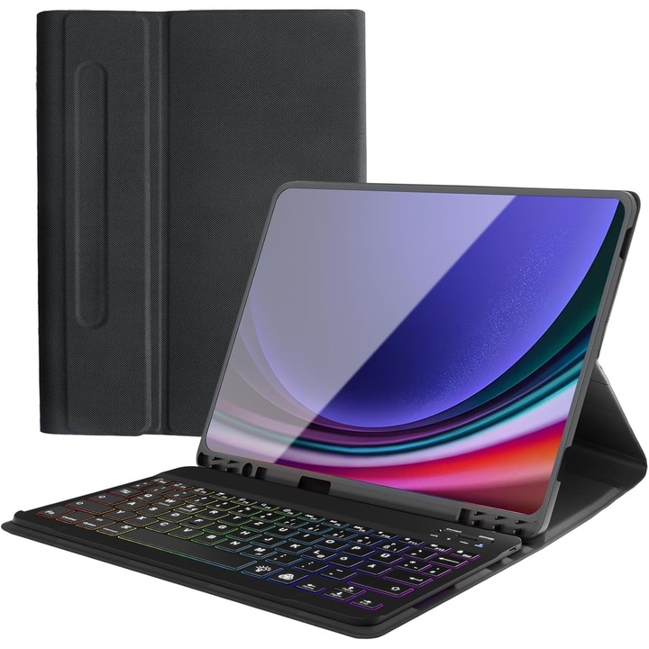 Husa cu tastatura Bluetooth QWERTZ pentru Samsung Galaxy Tab S9 FE 10.9” / Tab S9 11” (2023) – Tastatura iluminata RGB, detasabila magnetic, husa din piele PU, Neagra