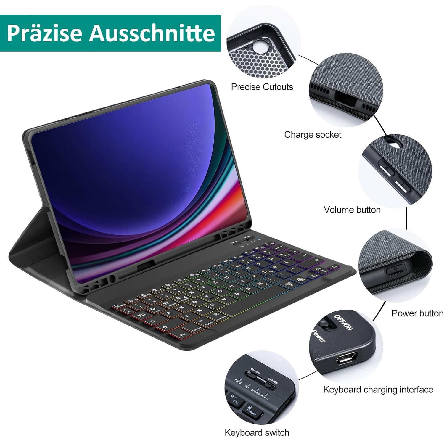 Husa cu tastatura Bluetooth QWERTZ pentru Samsung Galaxy Tab S9 FE 10.9” / Tab S9 11” (2023) – Tastatura iluminata RGB, detasabila magnetic, husa din piele PU, Neagra
