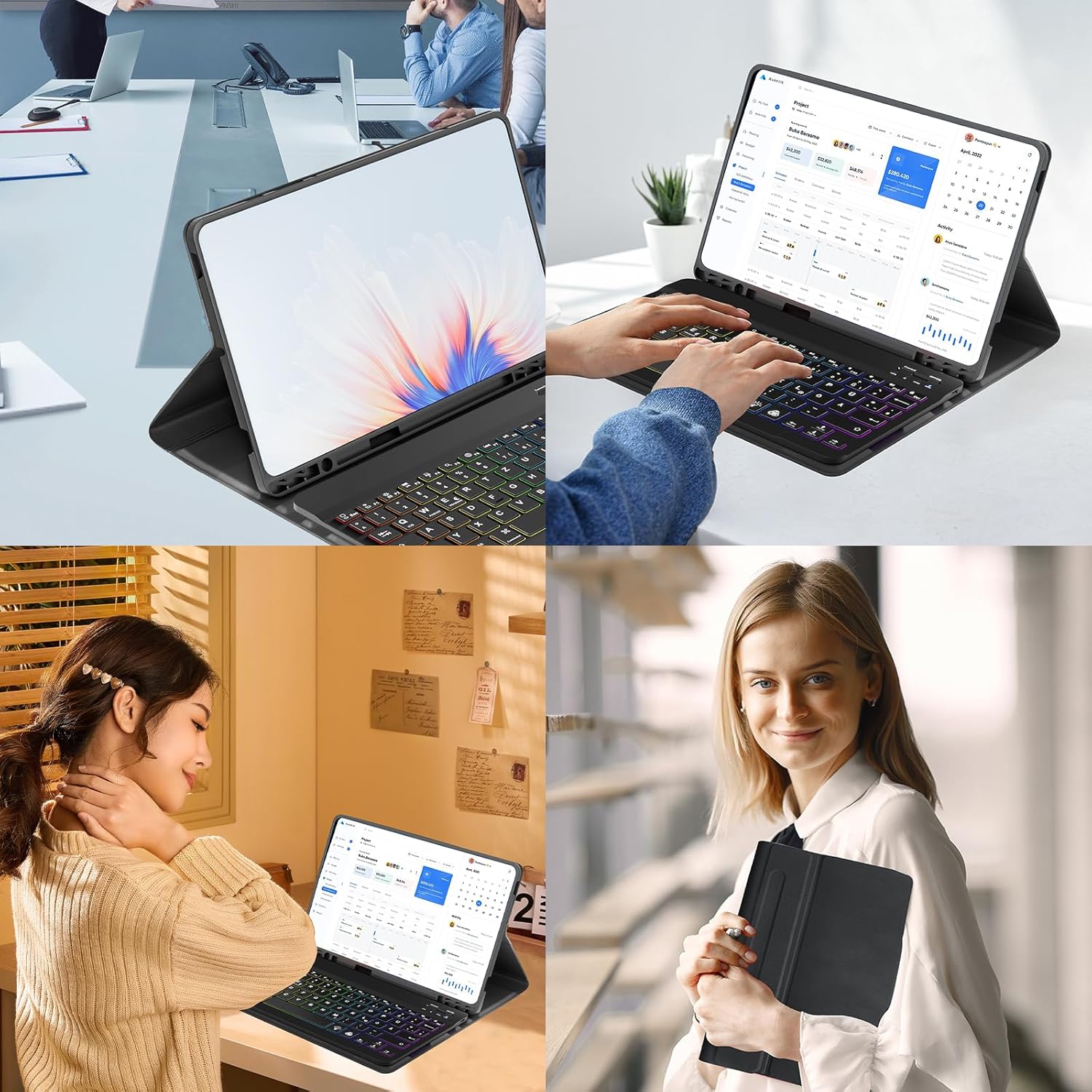 Husa cu tastatura Bluetooth QWERTZ pentru Samsung Galaxy Tab S9 FE 10.9” / Tab S9 11” (2023) – Tastatura iluminata RGB, detasabila magnetic, husa din piele PU, Neagra