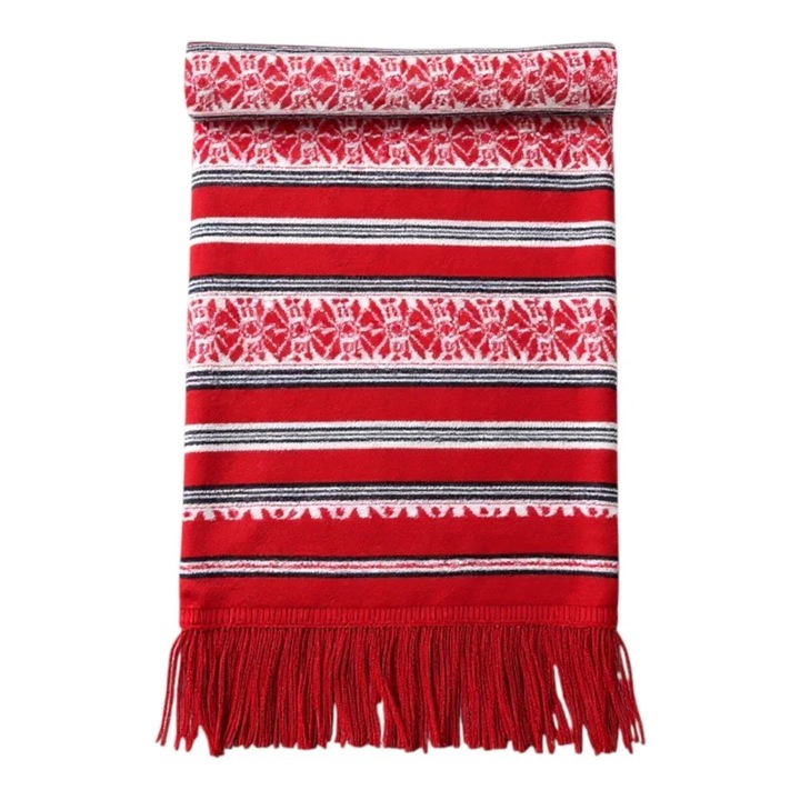 Prosop, stergar traditional rosu cu franjuri, tesut cu model traditional – 75 x 36 cm