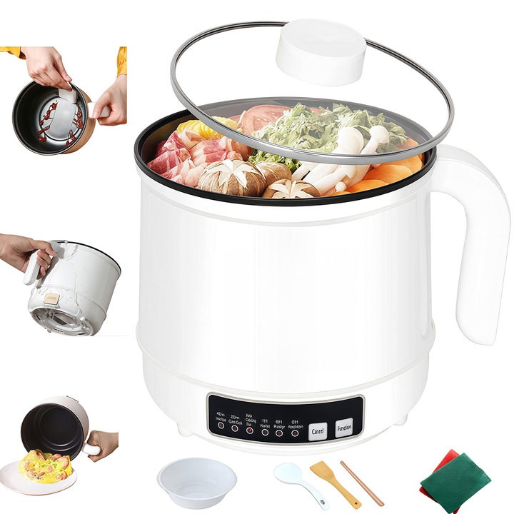 Multicooker, Tigaie electrica multifunctionala, cu 600W, Oala electrica, tigaie electrica antiaderenta, 1.7L, 220V, non-stick, Acoperire Marmura, Oprire automata, sigura si portabila, 6 pozitii reglabile, Alb