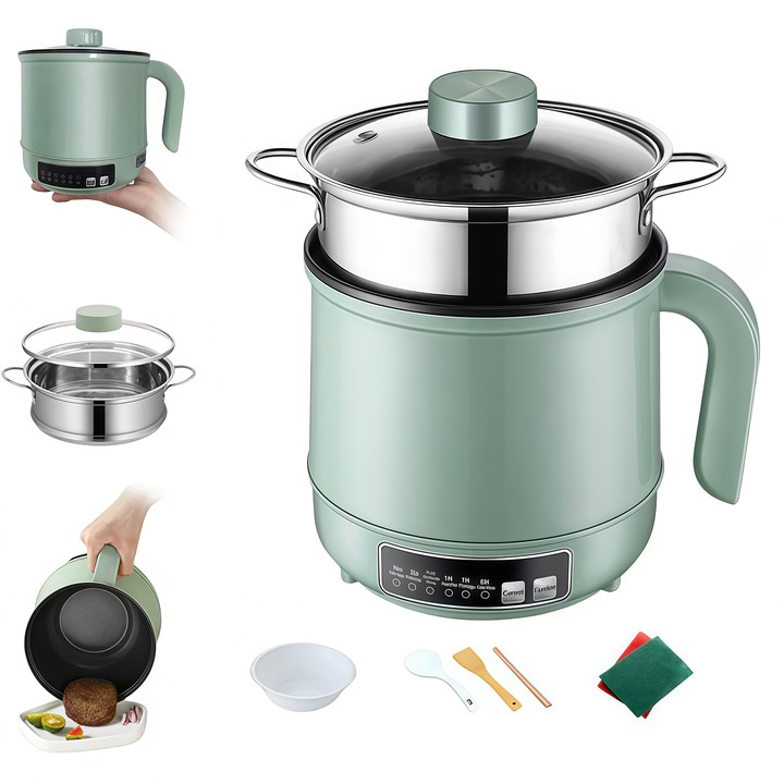 Set Multicooker, Tigaie electrica multifunctionala, Oala electrica, tigaie electrica antiaderenta cu 600W, 1.7L, 220V, non-stick, Acoperire Marmura, Oprire automata, sigura si portabila, 6 pozitii reglabile, verde