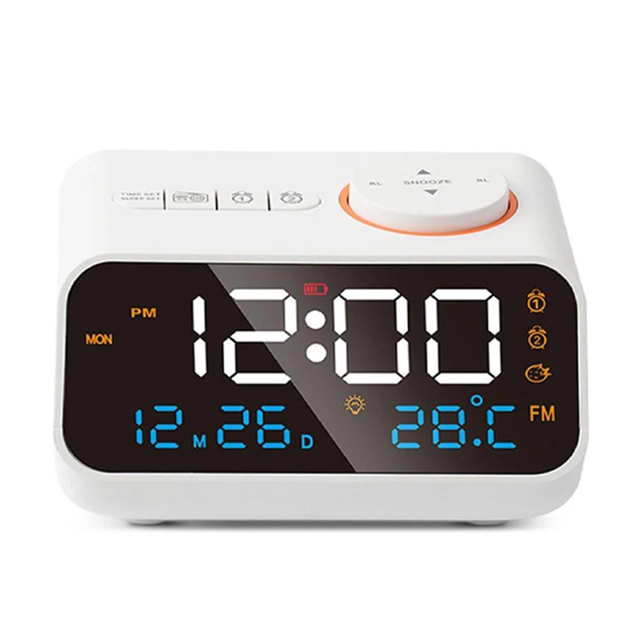 Radio Ceas Alarma Electronic, Omelivon, Digital FM, LED, Difuzor Bluetooth, 2 Alarma, Lumina Noapte, Control Vocal, 12/24H, Cu Termometru de Temperatura si Higrometru Umiditate, Pentru Dormitor, Copii, Batrani, Alb