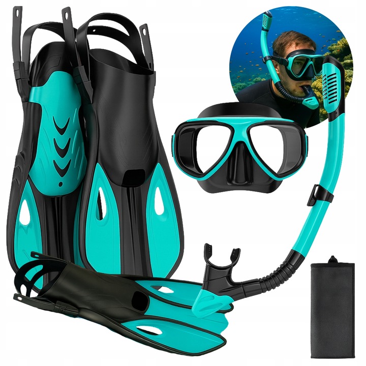 Set de snorkeling, masca panoramica cu tub, foci, marimea 38-42, negru-verde
