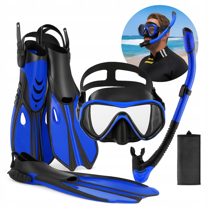 Set de snorkeling, masca panoramica cu tub, foci, marimea 38-42, negru-galben