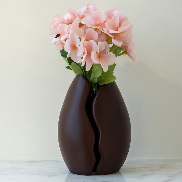 Vaza Decorativa, Forma de Boaba de Cafea, 1 Floare Artificiala Begonia, Felicitare inclusa, Vopsit manual, Plastic, Maro