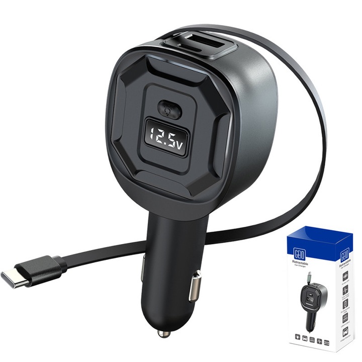 VeniSymlis® Incarcator auto retractabil GE10, cablu USB-C incorporat 78 cm, 3 porturi (cablu retractabil 65W PD + USB-C 45W + USB-A 18W), tehnologie PD3.0/QC3.0/AFC/FCP, afisaj LED tensiune, protectii multiple, pentru vehicule 12V/24V (36W/65W), negru