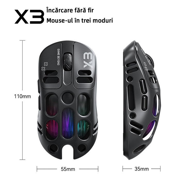 VeniSymlis® Mouse gaming wireless X3, ultra-usor 70g, senzor PAW3311, 12000 DPI, 6 butoane programabile, tri-mode (USB/2.4GHz/Bluetooth 5.1), RGB personalizabil, baterie 500mAh, incarcare USB-C, pentru PC, laptop, Mac, negru