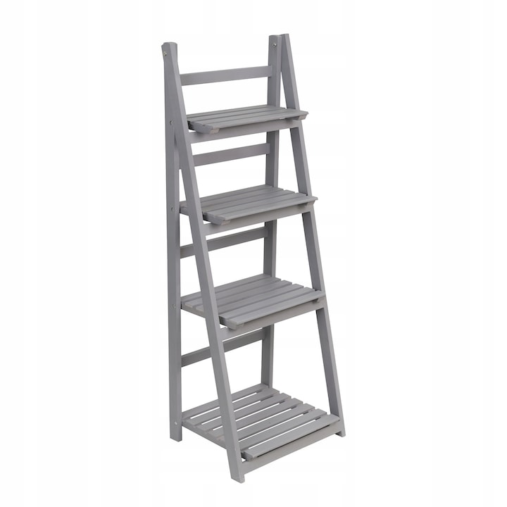 Suport plante din lemn, Grindi, Tulipa III, gri, 4 rafturi rustice, 41x35x116 cm, scara pliabila pentru balcon, organizeaza eficient florile si decoratiunile, stil loft modern