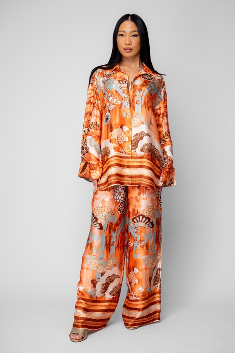 Set Shells Camasa si pantalon lung din mix matase Orange 20056, Portocaliu, One Size