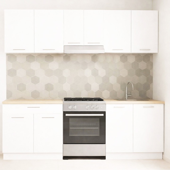 Set mobilier de bucatarie cu soft-close, BadenMob Germania, 220cm, corpuri inalte, blat gros, Alb