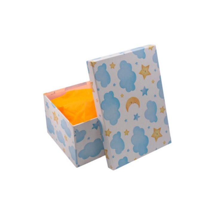 Декоративна кутия за подаръци с капак, модел облачета и звезди, твърд картон, многоцветна 25.5х18х12 см