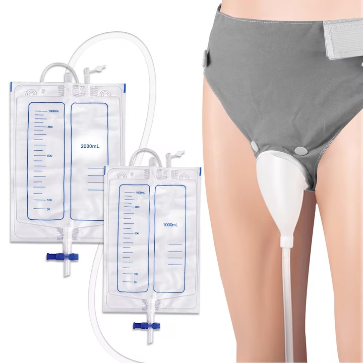 Set complet de colectare a urinei portabil, 1000ml si 2000ml pungi de drenaj, capsule din silicon reutilizabile, tub de drenaj de 1.2m, pantaloni din bumbac respirabil, pentru barbati varstnici