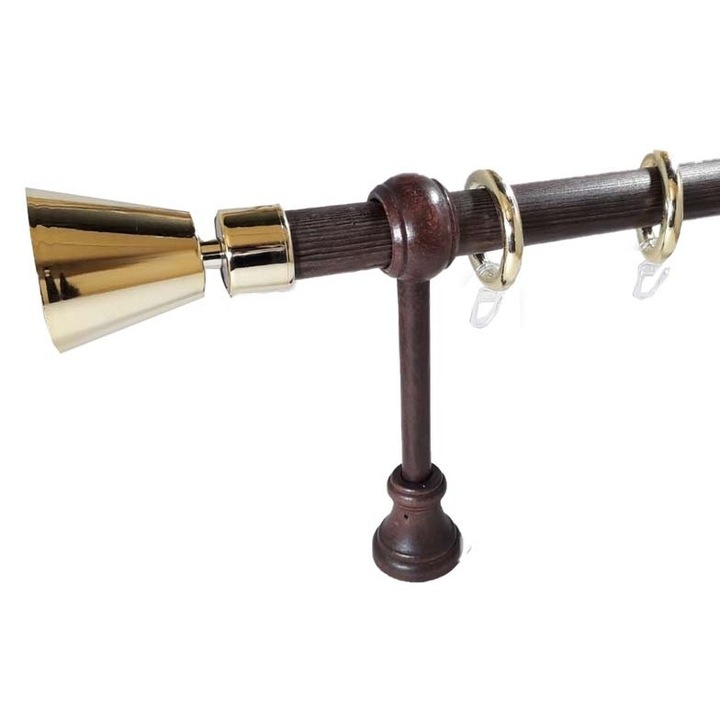 galerie lemn/galvanizat 28 mm SICILIA simpla, bat si console: wenge / capete si inele: auriu, 200 cm, capete SCORDIA