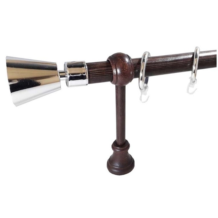 galerie lemn/galvanizat 28 mm SICILIA simpla, bat si console: wenge / capete si inele: crom, 160 cm, capete SCORDIA