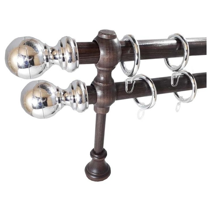 galerie lemn/galvanizat 28/28 mm SICILIA dubla, bat si console: wenge / capete si inele: crom, 240 cm, capete MELINA