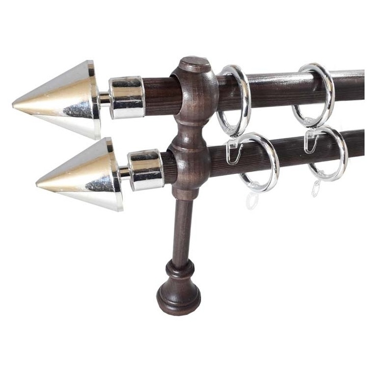 galerie lemn/galvanizat 28/28 mm SICILIA dubla, bat si console: wenge / capete si inele: crom, 200 cm, capete PALERMO