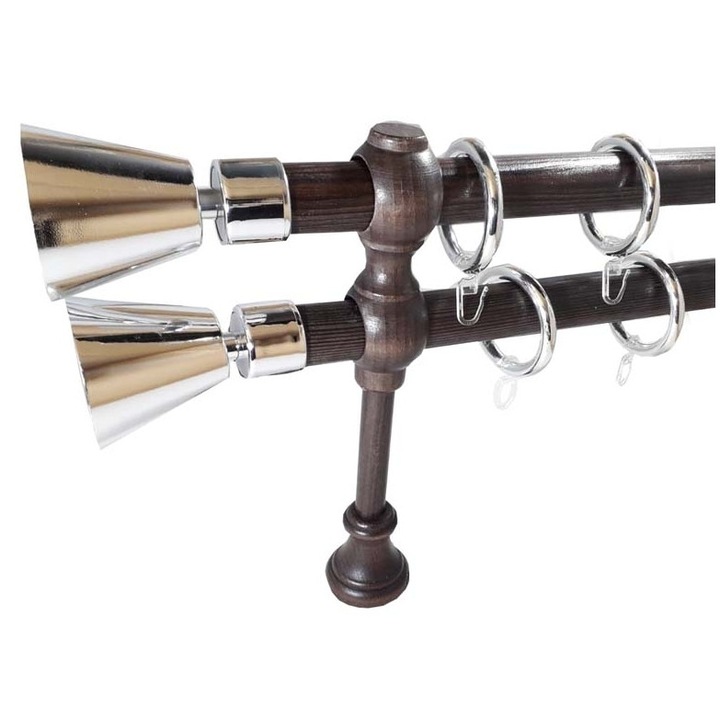 galerie lemn/galvanizat 28/28 mm SICILIA dubla, bat si console: wenge / capete si inele: crom, 160 cm, capete SCORDIA