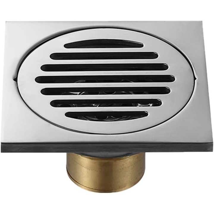 Sifon de pardoseala, OioTuyi, Otel inoxidabil, Anti-miros si anti-insecte, Gratar detasabil, 10 x 10 cm, Argintiu