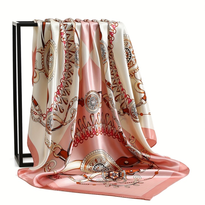 Esarfa Dama, Design Vintage, 90 x 90 cm, Roz