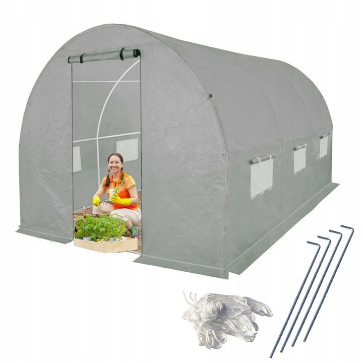 Sera de gradina, tunel de folie, 2x3m, 6m2, Protectie UV 4, 140g/m2, Cadru din otel galvanizat, gri