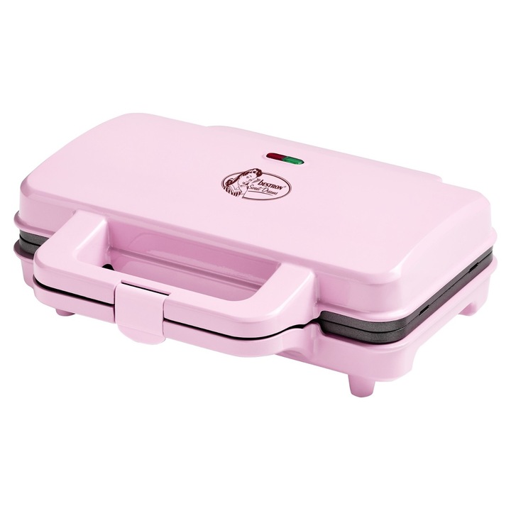 Aparat de preparat gofre si vafe Bestron Sweet Dreams, dublu, 1000 W, roz pastel, placi antiaderente, capacitate 4 vafe, Include 20 de bete din lemn + 3 retete vafe in descriere