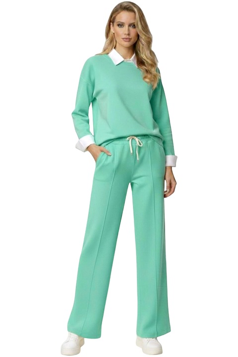 Compleu casual ALYA, cu bluza tip camasa si pantaloni lejeri cu snur, Verde, FashionForYou, Marime universala S/M/L