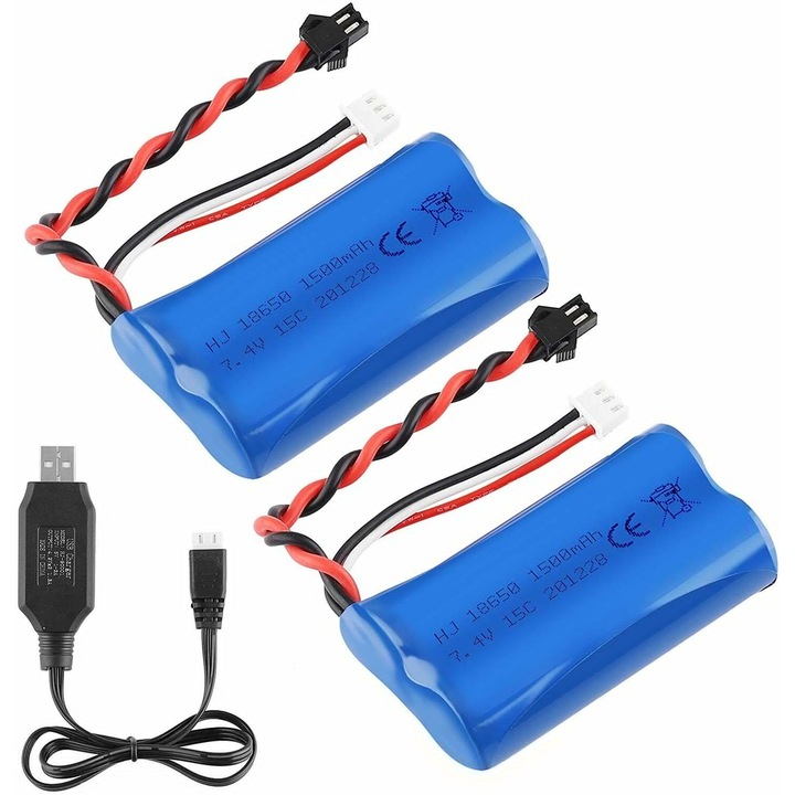Литиева батерия, Bedee®, 7.4V, 1500mAh, 15C, DC вход 5V, изходен ток 1000mAh, със SM конектор и JST-XH 3-пинов конектор, за RC кола/лодка и всякакви устройства, за които напрежението, конекторът и размерът съвпадат
