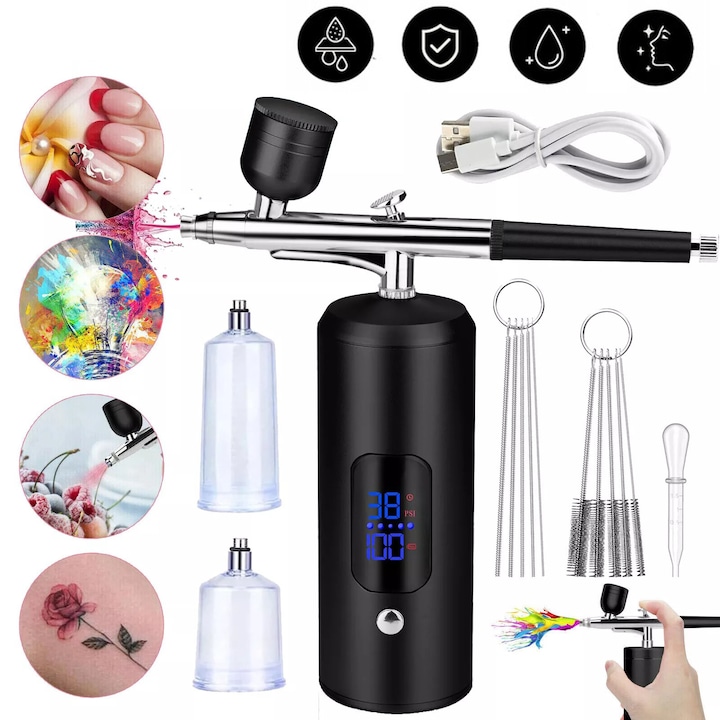 Set Aerograf Fara Fir Cu Compresor De Aer, Fara Infundare, Cu Set De Perii De Curatare, Perie De Aer Reincarcabila Portabila Fara Fir Pentru Machiaj, Decorare Tort Nail Art Tatuaje Si Pictura Pe Fata
