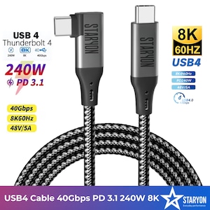 Cablu Date si incarcare USB4 100 cm Thunderbolt 3/4 Staryon, USB-C la USB-C, conector unghi 90 grade, transfer ultra-rapid 40Gbps, incarcare PD 3.1 240W, suport video 8K@60Hz, PD Power 48V/5A, compatibil cu MacBook, SSD, Laptop, Monitor, Docking