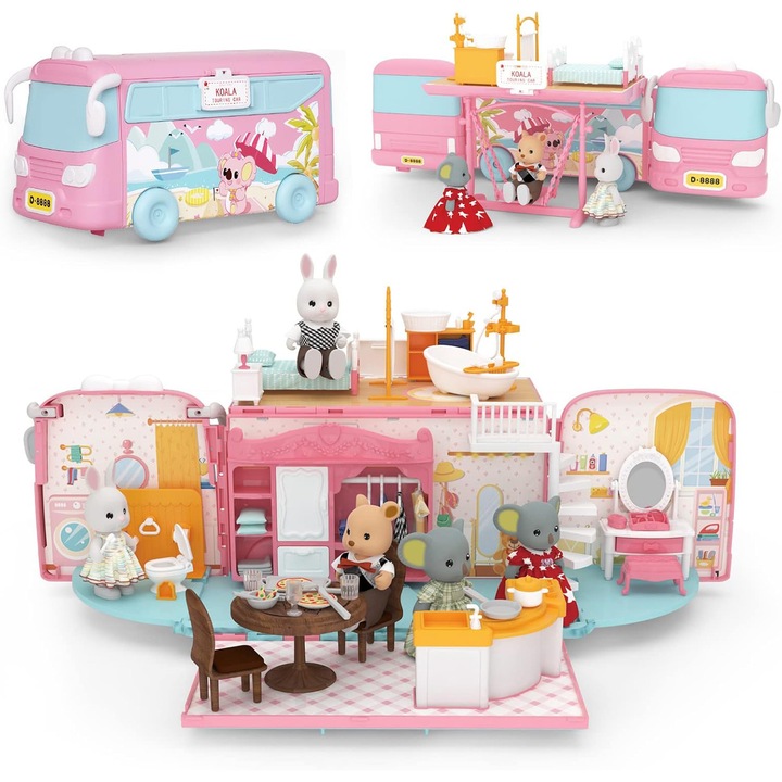 Casuta Pentru Papusi, MOSMAOO®, Autobuz, Portabila, Cu Papusi si Accesorii Pentru Mobilier, Jucarii Portabile DIY pentru Autobuze, Pentru 3-6 ani，Multicolor