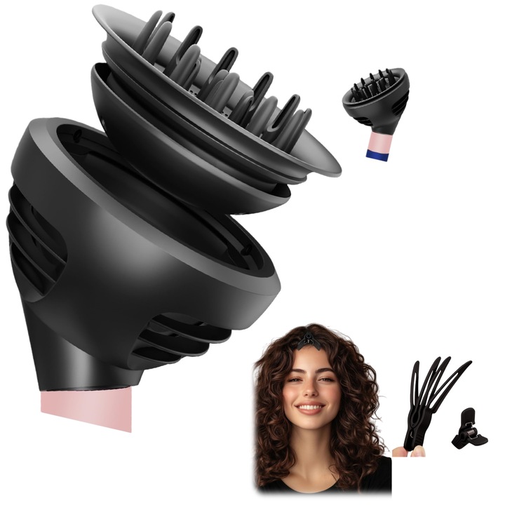 Adaptor difuzor onda pentru Dyson Airwrap HS01/HS05/HS08, 2 moduri aer, usucare rapida, negru, cadou cleme de par nete