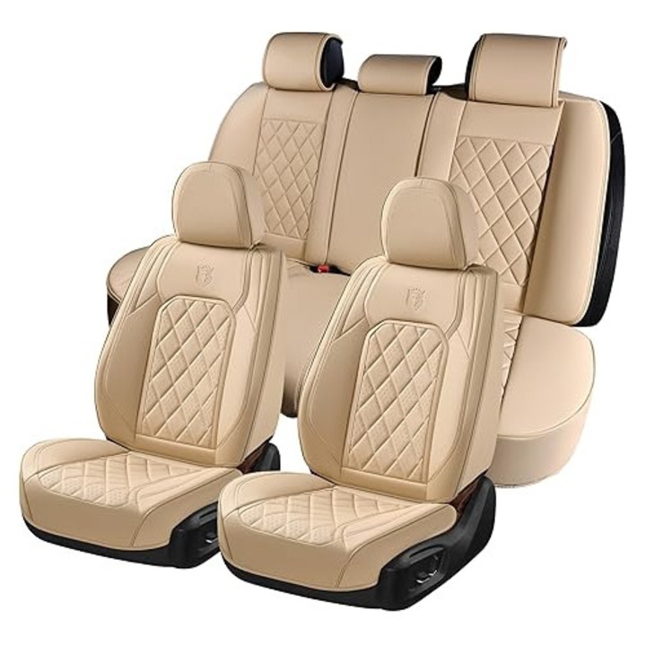 Seturi de huse pentru scaune Coverado, huse auto universale pentru scaunele din fata si din spate – Protector de scaune auto impermeabil, din piele ecologica de lux, pentru sedan/SUV/pickup/van, bej