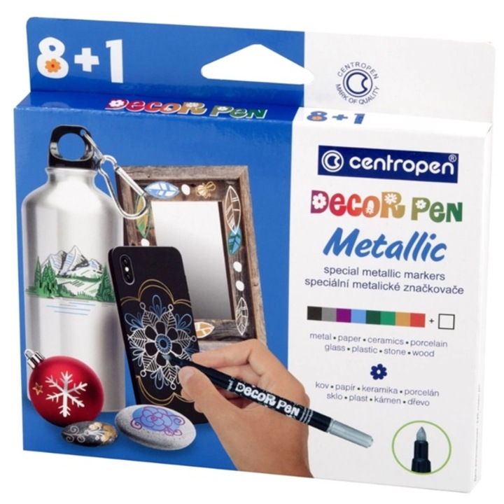 Set Decor Pen Metallic - Centropen format din 8+1 markere culori metalice, grosime scriere 1.5mm, pentru metal, hartie, ceramica, portelan, sticla, plastic, piatra, lemn, cerneala pe baza de apa, non-toxica, rezistenta UV, 14X13cm, SIPEDO