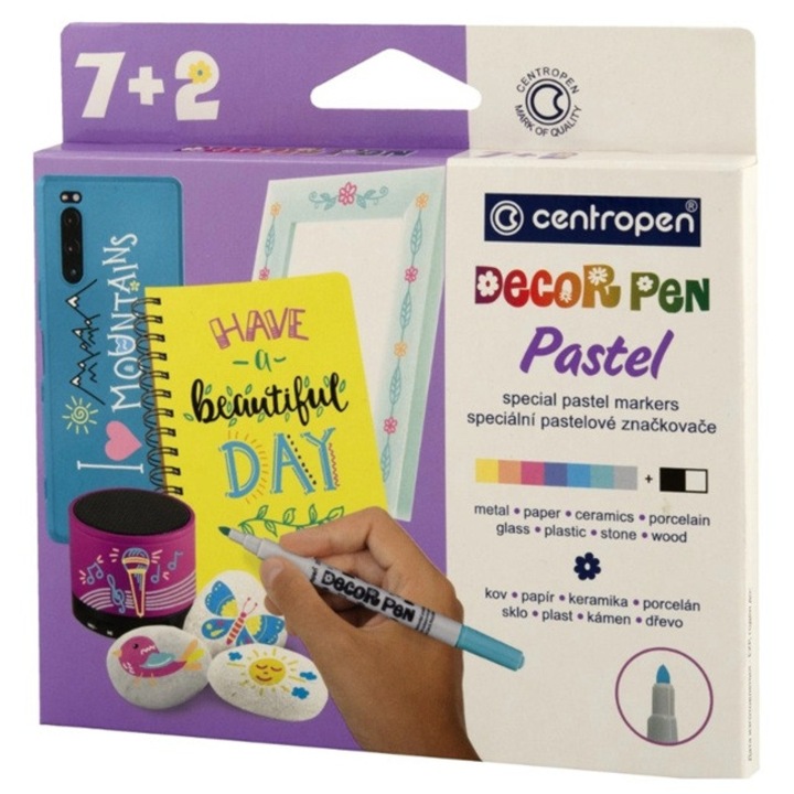Set Decor Pen Pastel- Centropen format din 7+2 markere culori pastelate, grosime scriere 1.5mm, pentru metal, hartie, ceramica, portelan, sticla, plastic, piatra, lemn, cerneala pe baza de apa, non-toxica, rezistenta UV, 14X13cm, SIPEDO
