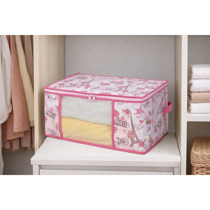 Husa Depozitare VENITIVO® Textila cu Fermoar pentru Imbracaminte, Model Paris, Fereastra Transparenta, 50 x 35 x 20 cm, Roz