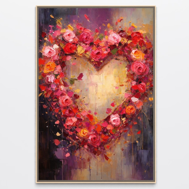 Tablou Canvas Premium, LuxCanva® E1082, Inima din Trandafiri, 40 X 60 CM, Panza Bumbac 100% 400g/m2, Sasiu, Lemn, Dragoste, Inima, Roz, Flori, Coronita, Iubire, Valentine’s Day, Buchet, Promisiune, Daruire, Living, Dormitor