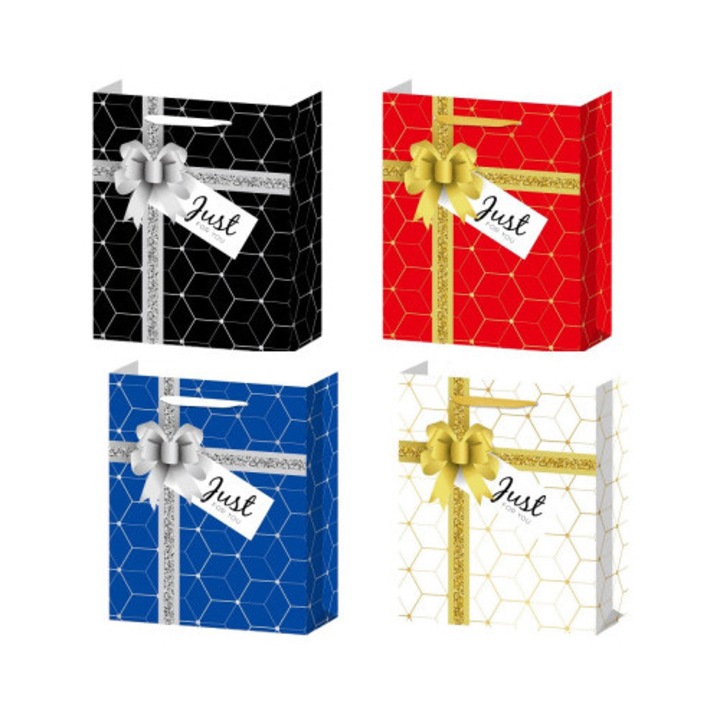 Комплект подаръчни торбички с декоративна панделка, елегантен геометричен модел, първокласен картон, многоцветен, комплект от 4 броя XXL 50x20x70см