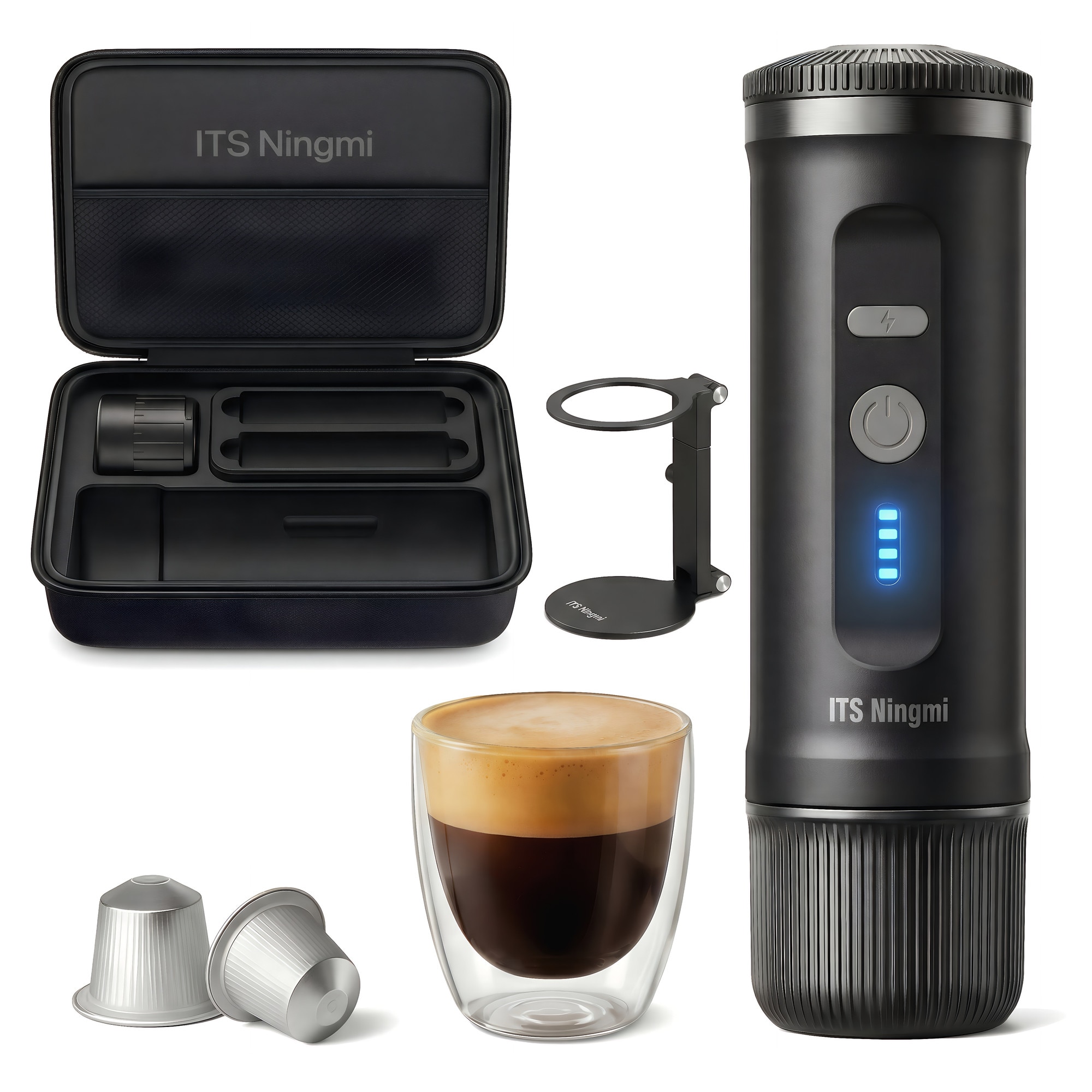 Espressor portabil electric 3 in 1, 20 bar, compatibil Nespresso & cafea macinata, USB / auto / priza, cu suport pliabil si geanta, pentru calatorii, camping, birou, negru