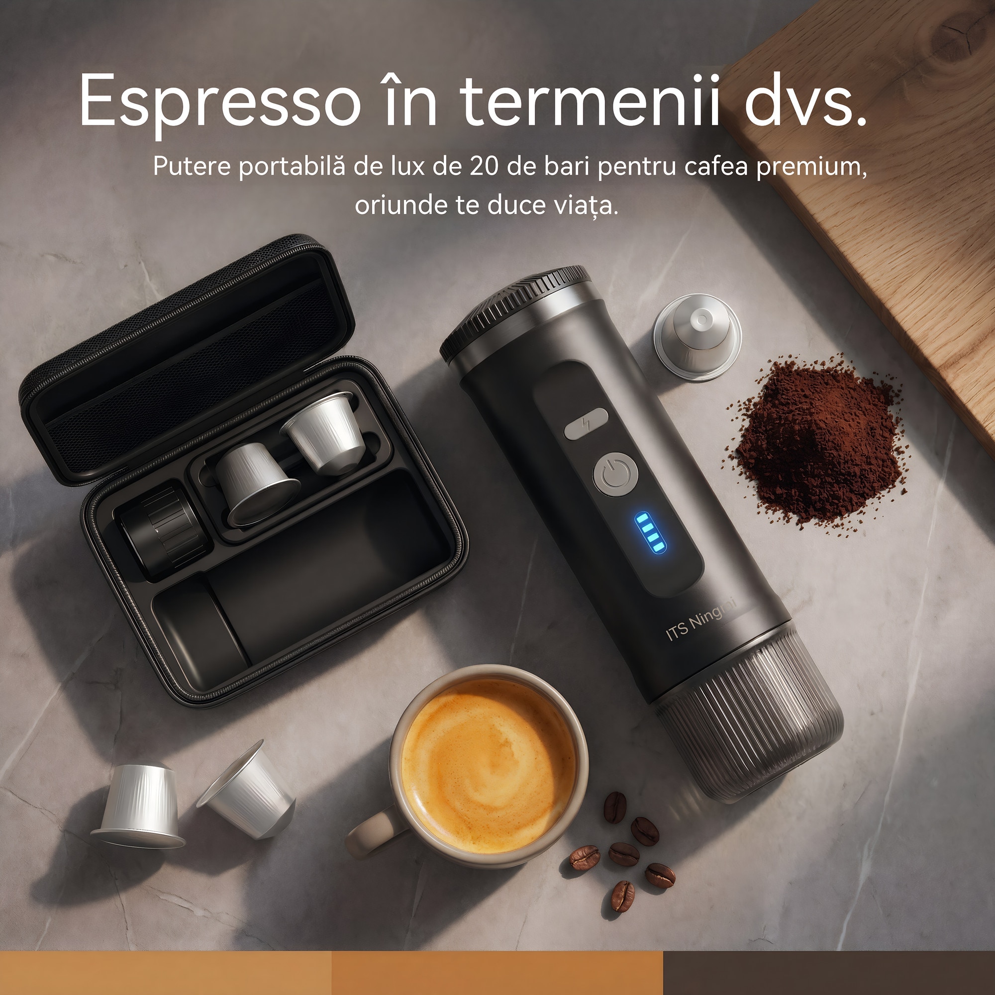 Espressor portabil electric 3 in 1, 20 bar, compatibil Nespresso & cafea macinata, USB / auto / priza, cu suport pliabil si geanta, pentru calatorii, camping, birou, negru