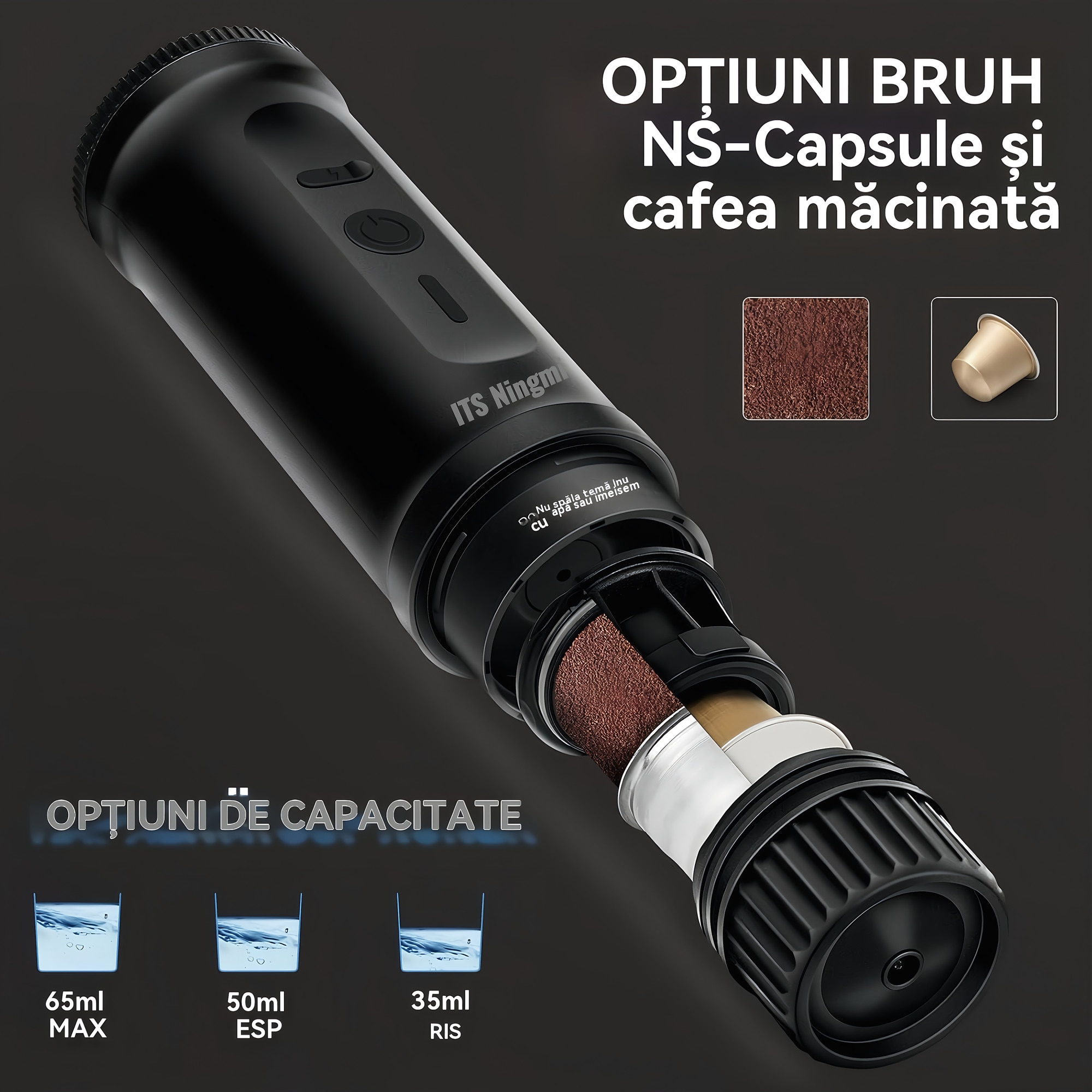 Espressor portabil electric 3 in 1, 20 bar, compatibil Nespresso & cafea macinata, USB / auto / priza, cu suport pliabil si geanta, pentru calatorii, camping, birou, negru