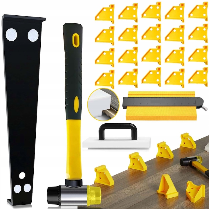 Set de unelte pentru instalare pardoseli, Kit pentru pardoseli laminate, scule profesionale pentru instalare pardoseli PVC, bloc de impact, sablon de contur, bara de presiune, marcator de distanta 2 in 1 pentru pardoseala, ciocan de cauciuc