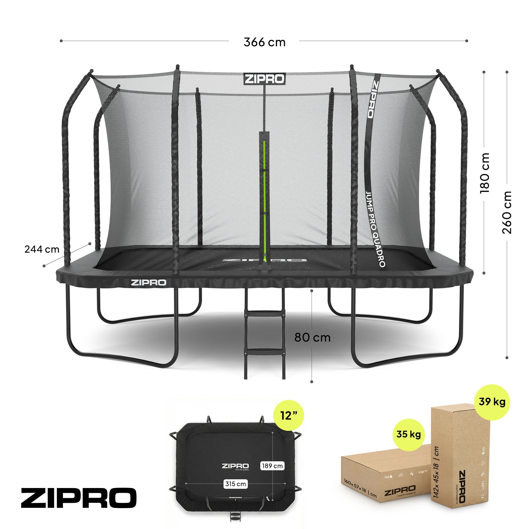 Trambulina ZIPRO JumpPro Quadro 366 cm(12 FT), Greutate maxima