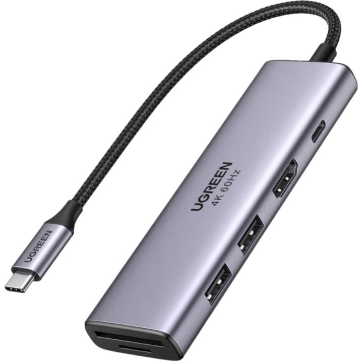 Хъб USB-C UGREEN CM511, 2 x USB-A 3.0, 1 x USB-C, 1 x HDMI, 1 x SD, 1 x microSD Сив