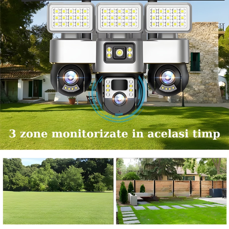 Camera de supraveghere tripla MaGeCa 4G cu proiector LED, Cartela SIM ...