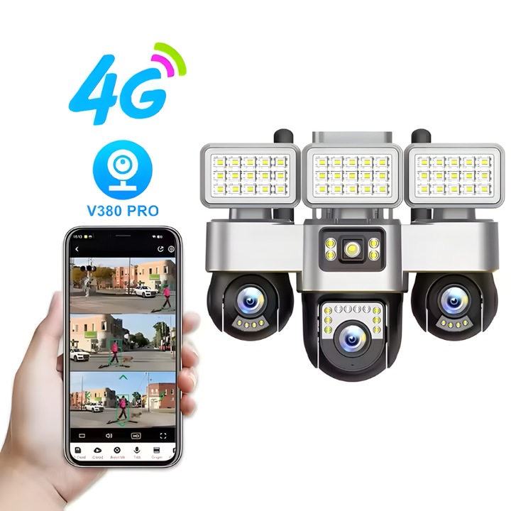 Camera de supraveghere tripla MaGeCa 4G cu proiector LED, Cartela SIM ...